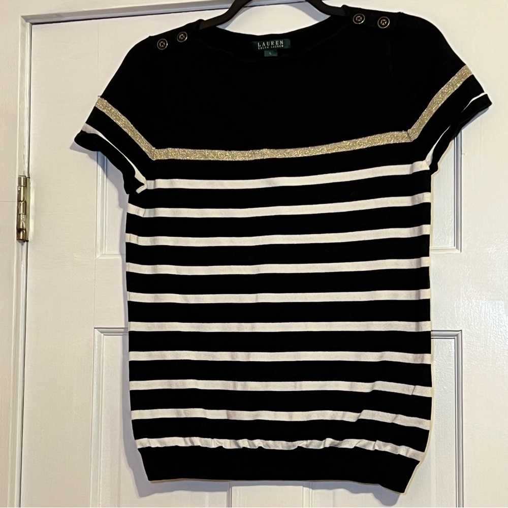 #84 LAUREN RALPH LAUREN BLACK AND WHITE STRIPED TOP W. GOLD ACCENTS LARGE